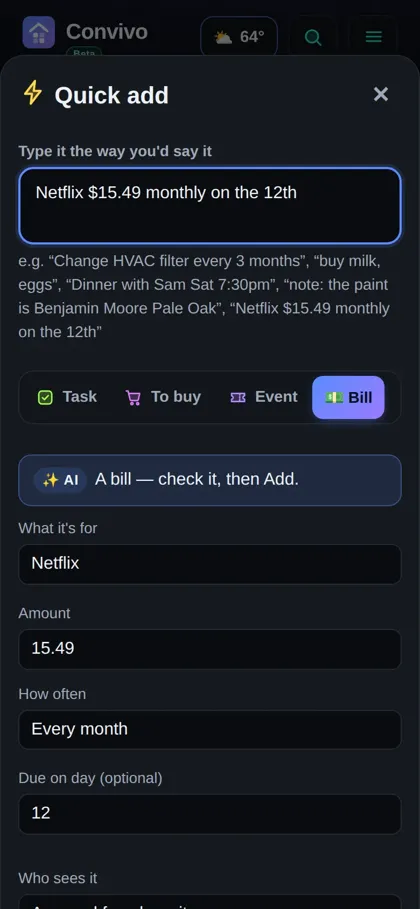 Convivo Quick add screen